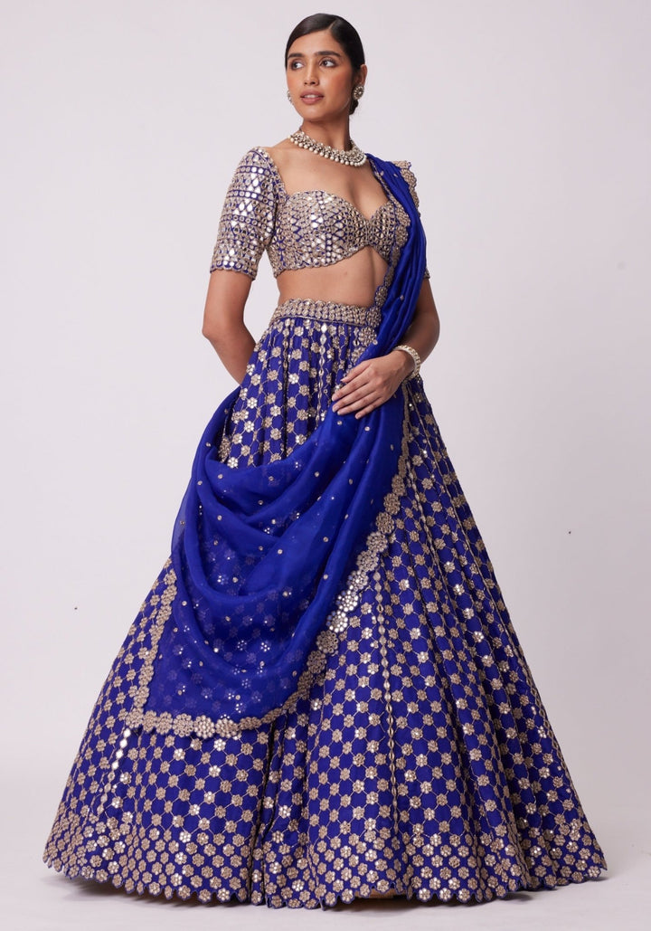 Blue Flower Embroidered Lehenga With Elbow Sleeves Blouse Vvani by Vani Vats - Fabilicious Fashion