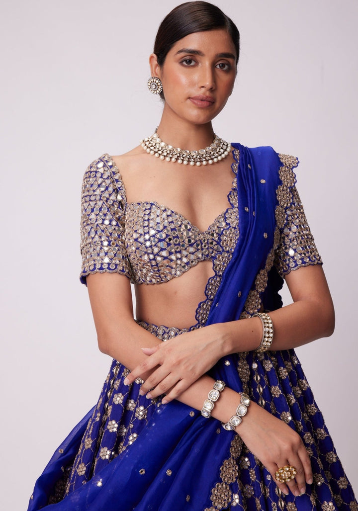 Blue Flower Embroidered Lehenga With Elbow Sleeves Blouse Vvani by Vani Vats - Fabilicious Fashion