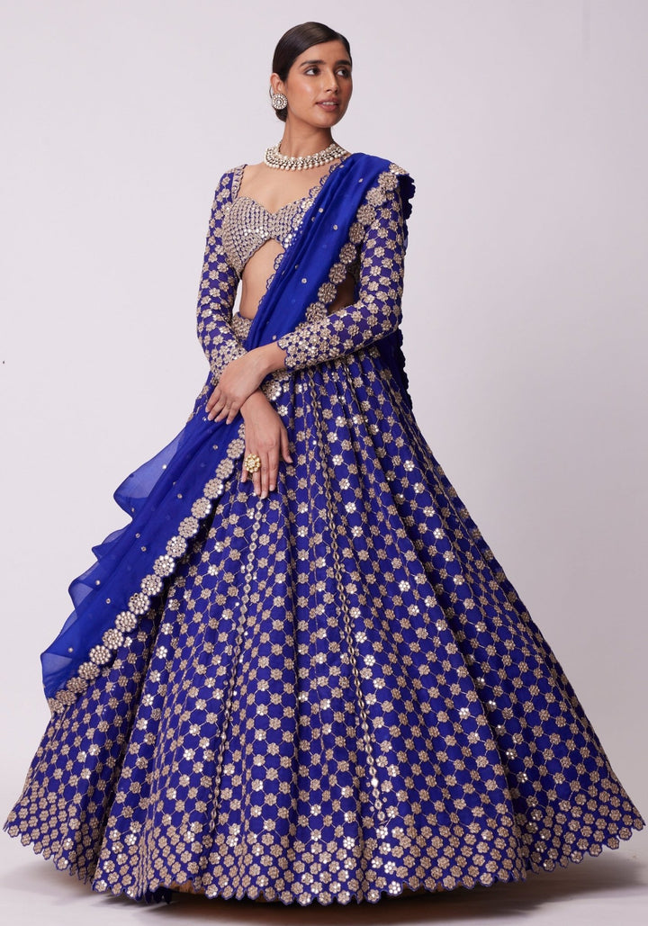 Blue Flower Embroidered Lehenga With Full Sleeves Blouse Vvani by Vani Vats - Fabilicious Fashion