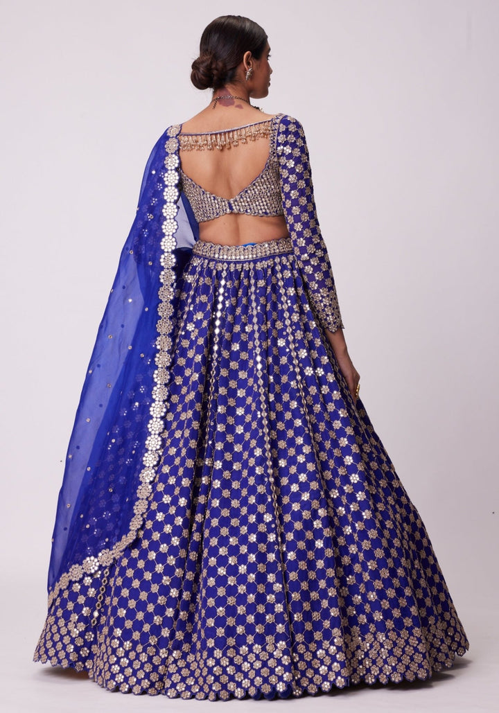 Blue Flower Embroidered Lehenga With Full Sleeves Blouse Vvani by Vani Vats - Fabilicious Fashion