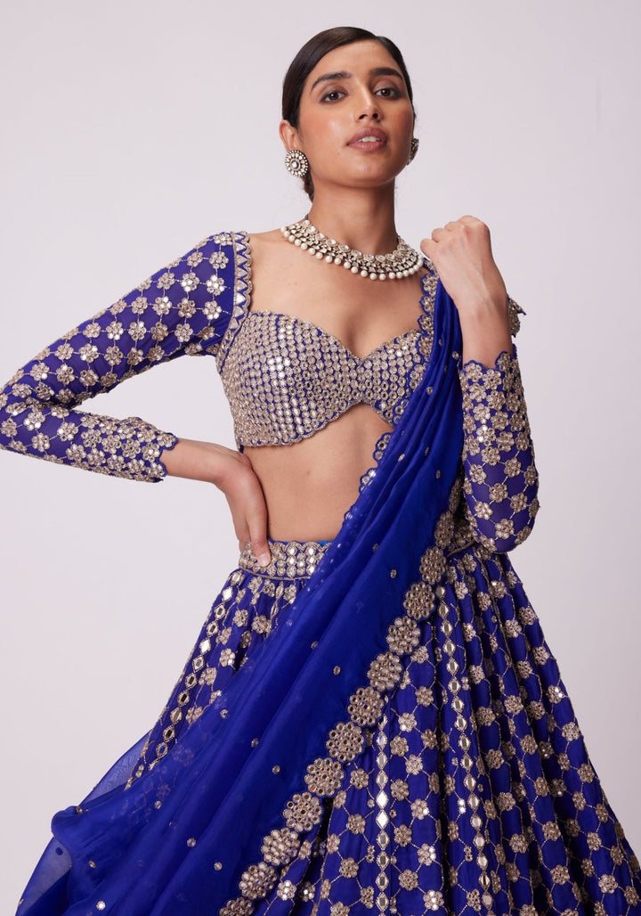 Blue Flower Embroidered Lehenga With Full Sleeves Blouse Vvani by Vani Vats - Fabilicious Fashion