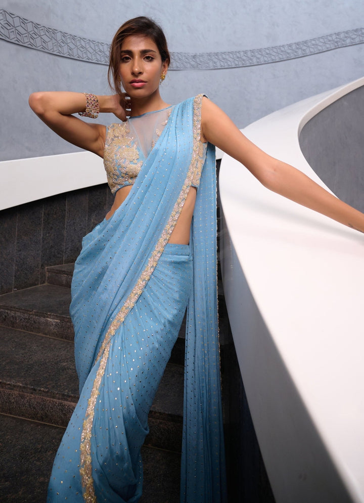 Blue Georgette Pre Draped Saree Chamee and Palak - Fabilicious Fashion