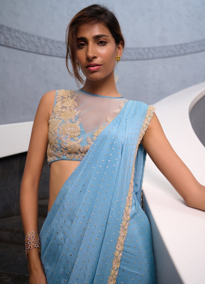 Blue Georgette Pre Draped Saree Chamee and Palak - Fabilicious Fashion