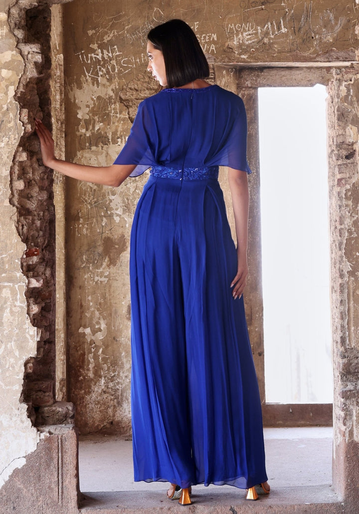 Blue Hand Embroidered Pleated Jumpsuit Seema Thukral - Fabilicious Fashion