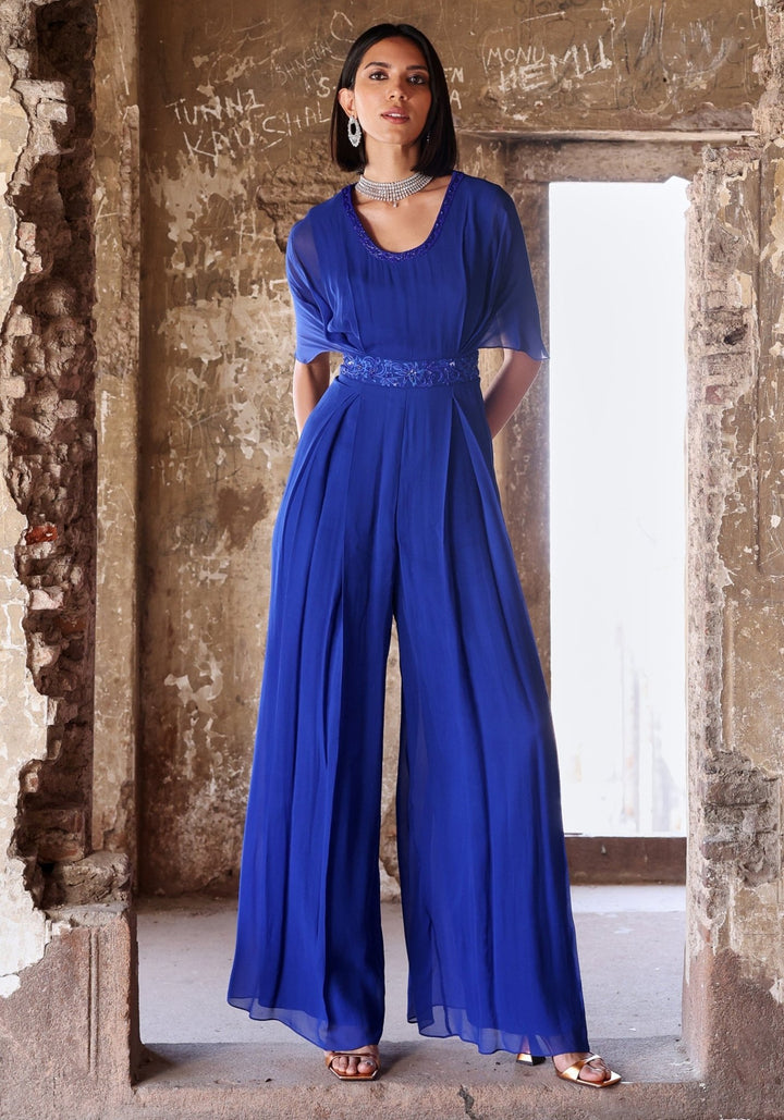 Blue Hand Embroidered Pleated Jumpsuit Seema Thukral - Fabilicious Fashion