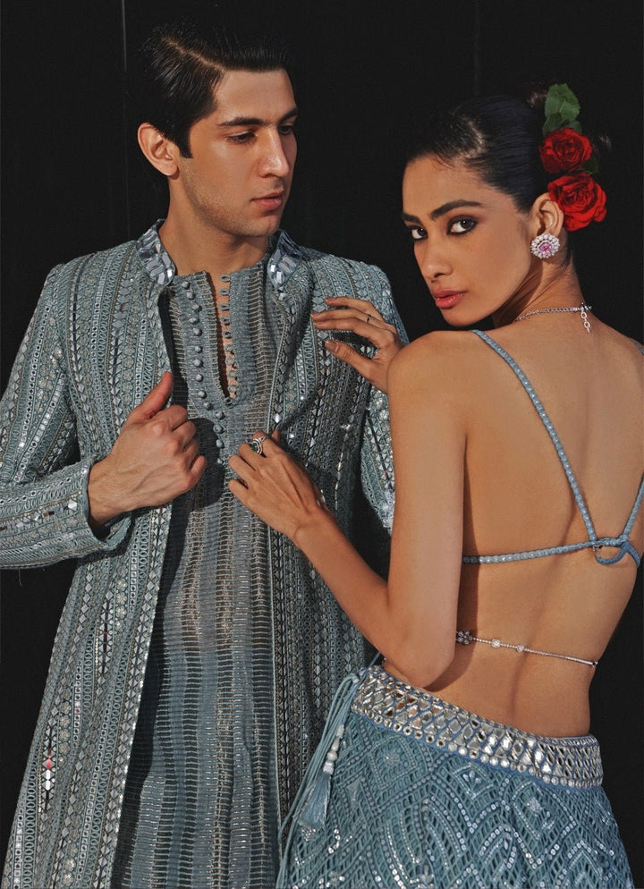 Blue Lehenga With Mirror Work And Applique Floral Bralette Twenty Nine - Fabilicious Fashion