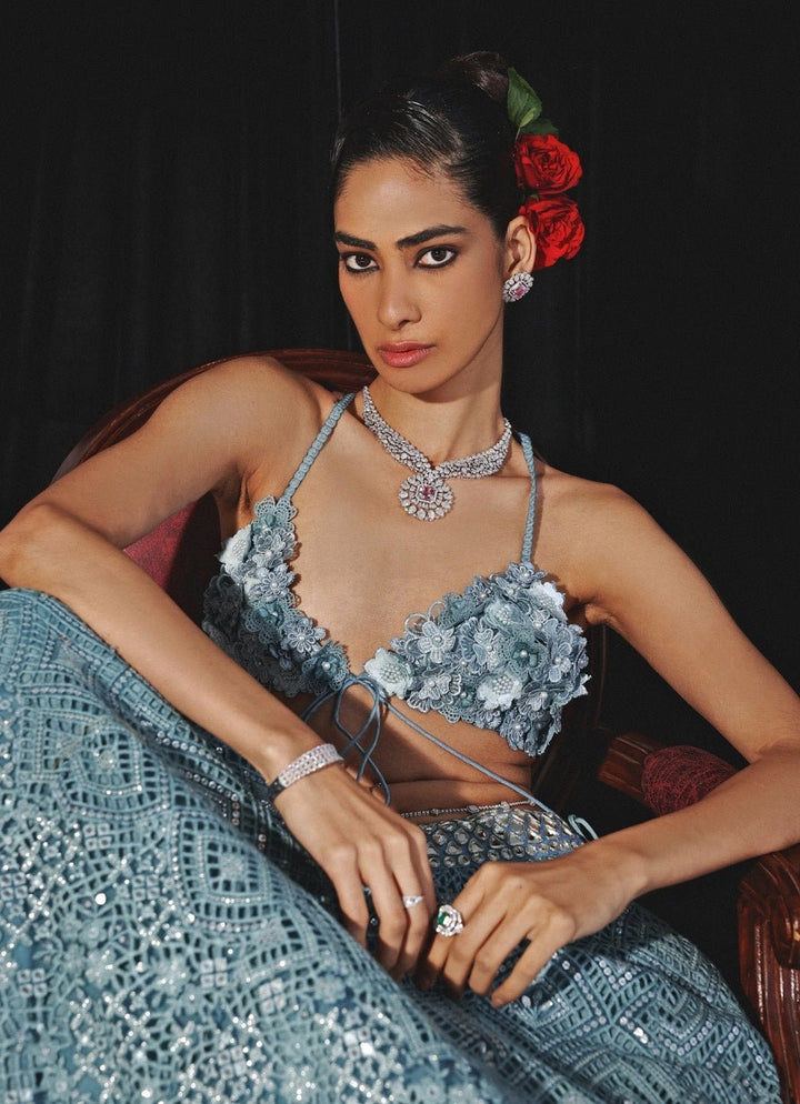 Blue Lehenga With Mirror Work And Applique Floral Bralette Twenty Nine - Fabilicious Fashion