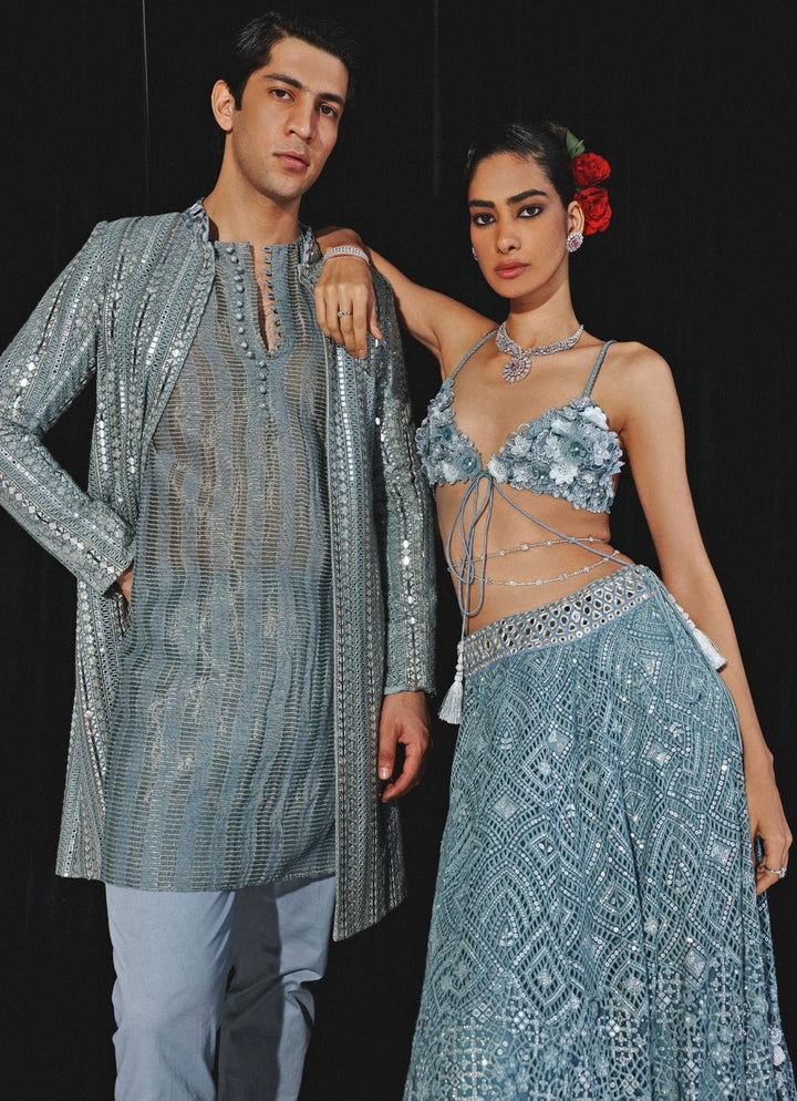 Blue Lehenga With Mirror Work And Applique Floral Bralette Twenty Nine - Fabilicious Fashion