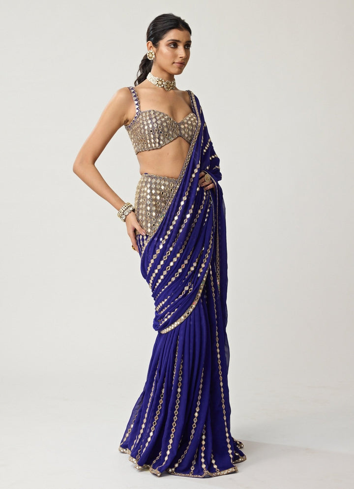 Blue Linear Mirror Embroidered Georgette Saree Set Vvani by Vani Vats - Fabilicious Fashion