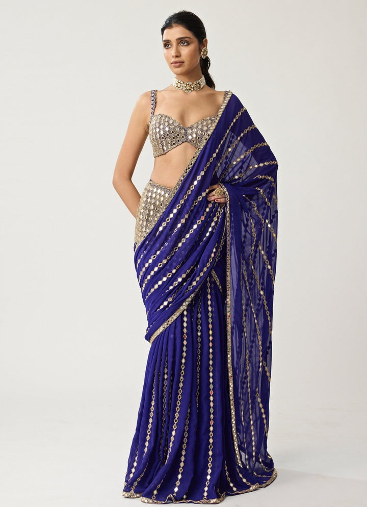 Blue Linear Mirror Embroidered Georgette Saree Set Vvani by Vani Vats - Fabilicious Fashion