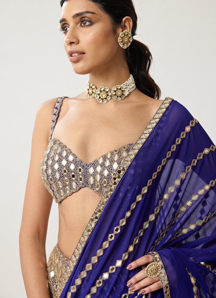 Blue Linear Mirror Embroidered Georgette Saree Set Vvani by Vani Vats - Fabilicious Fashion