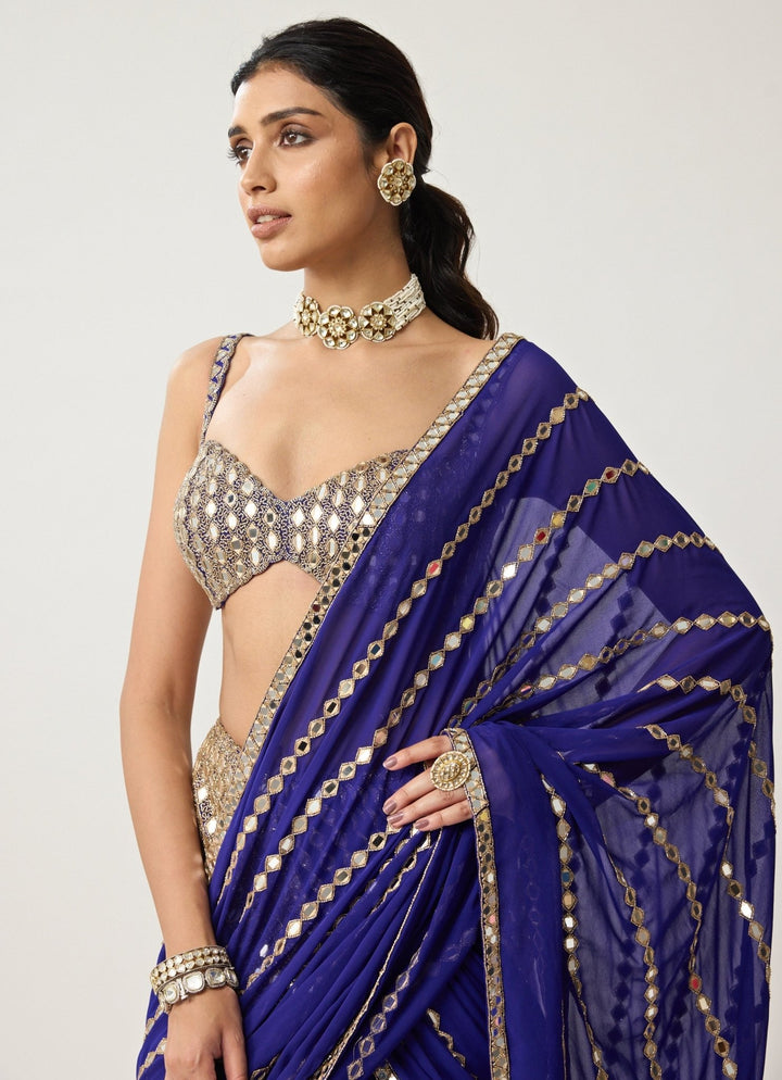 Blue Linear Mirror Embroidered Georgette Saree Set Vvani by Vani Vats - Fabilicious Fashion
