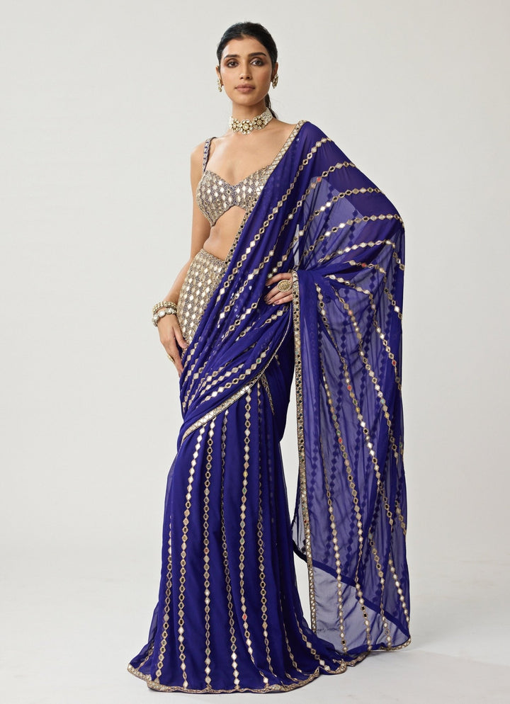 Blue Linear Mirror Embroidered Georgette Saree Set Vvani by Vani Vats - Fabilicious Fashion