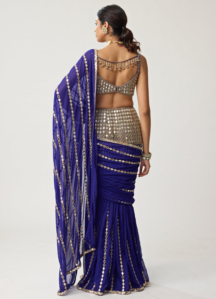 Blue Linear Mirror Embroidered Georgette Saree Set Vvani by Vani Vats - Fabilicious Fashion