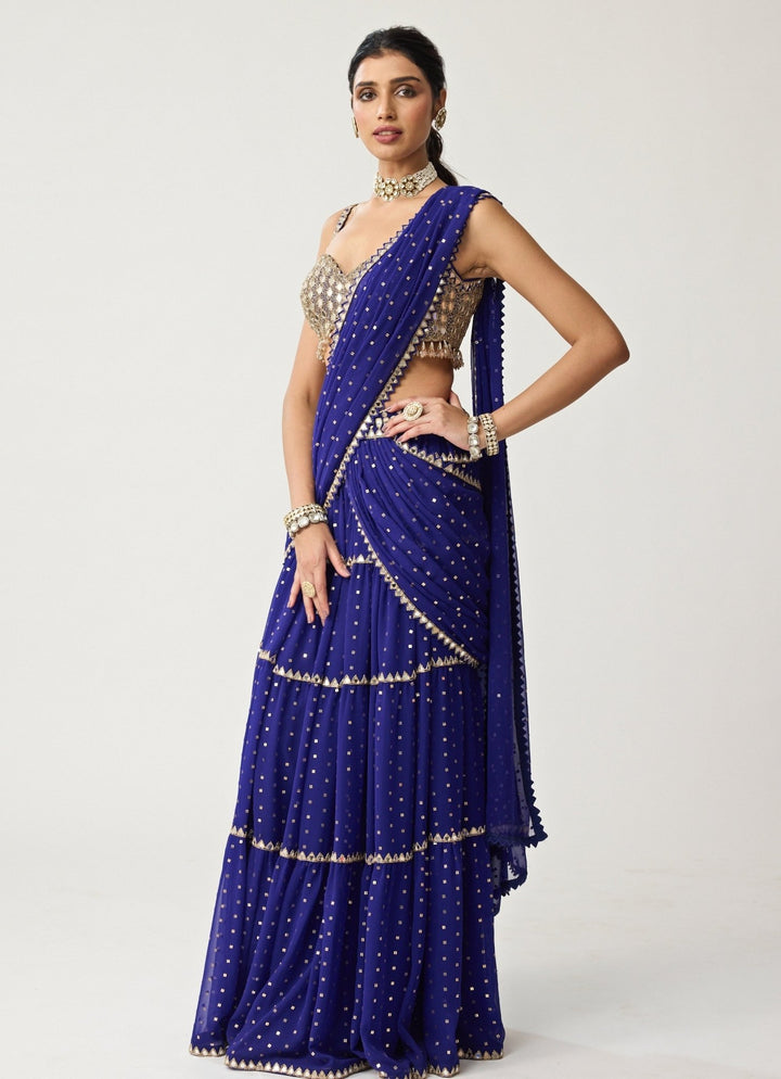 Blue Multi - Tier Mirror Embroidered Georgette Saree Set Vvani by Vani Vats - Fabilicious Fashion