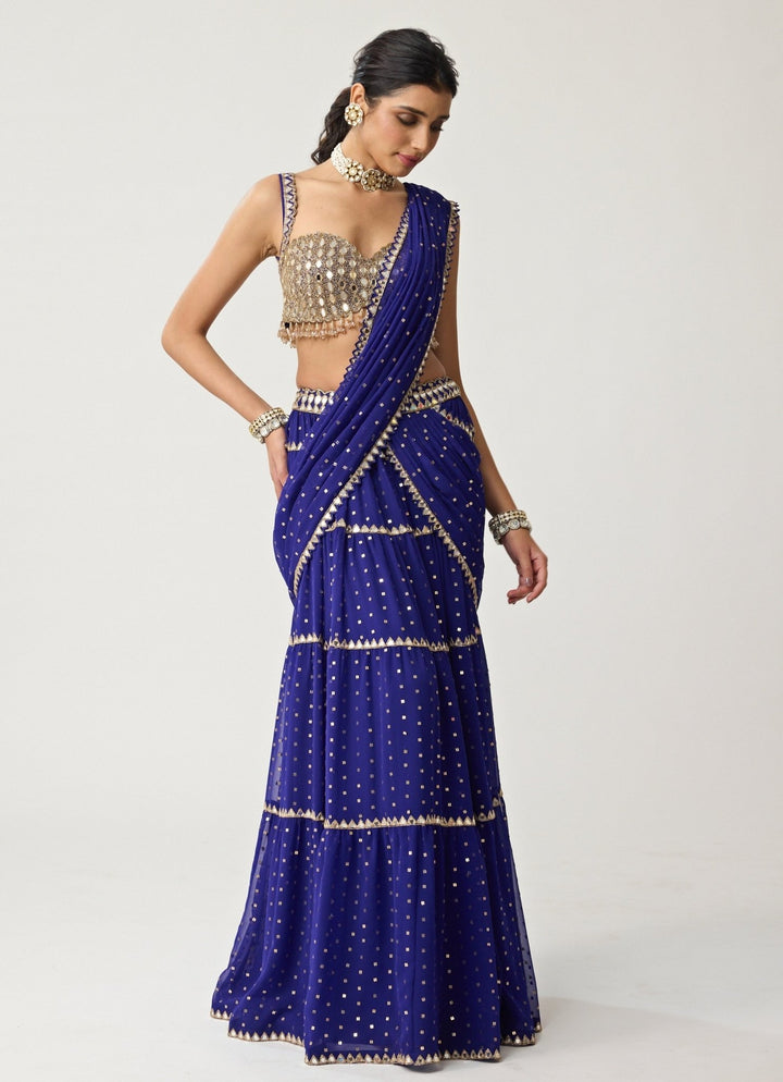 Blue Multi - Tier Mirror Embroidered Georgette Saree Set Vvani by Vani Vats - Fabilicious Fashion