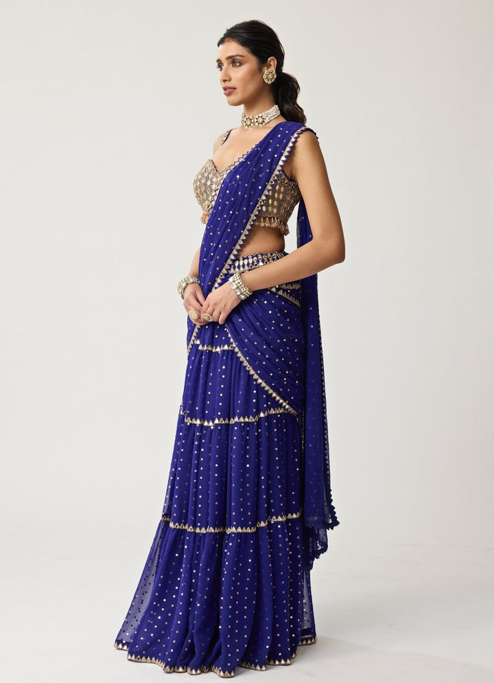 Blue Multi - Tier Mirror Embroidered Georgette Saree Set Vvani by Vani Vats - Fabilicious Fashion