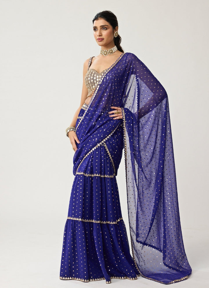 Blue Multi - Tier Mirror Embroidered Georgette Saree Set Vvani by Vani Vats - Fabilicious Fashion