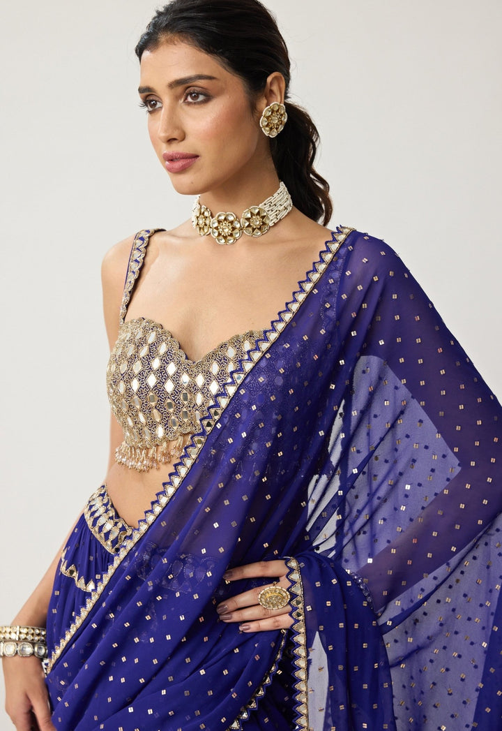 Blue Multi - Tier Mirror Embroidered Georgette Saree Set Vvani by Vani Vats - Fabilicious Fashion