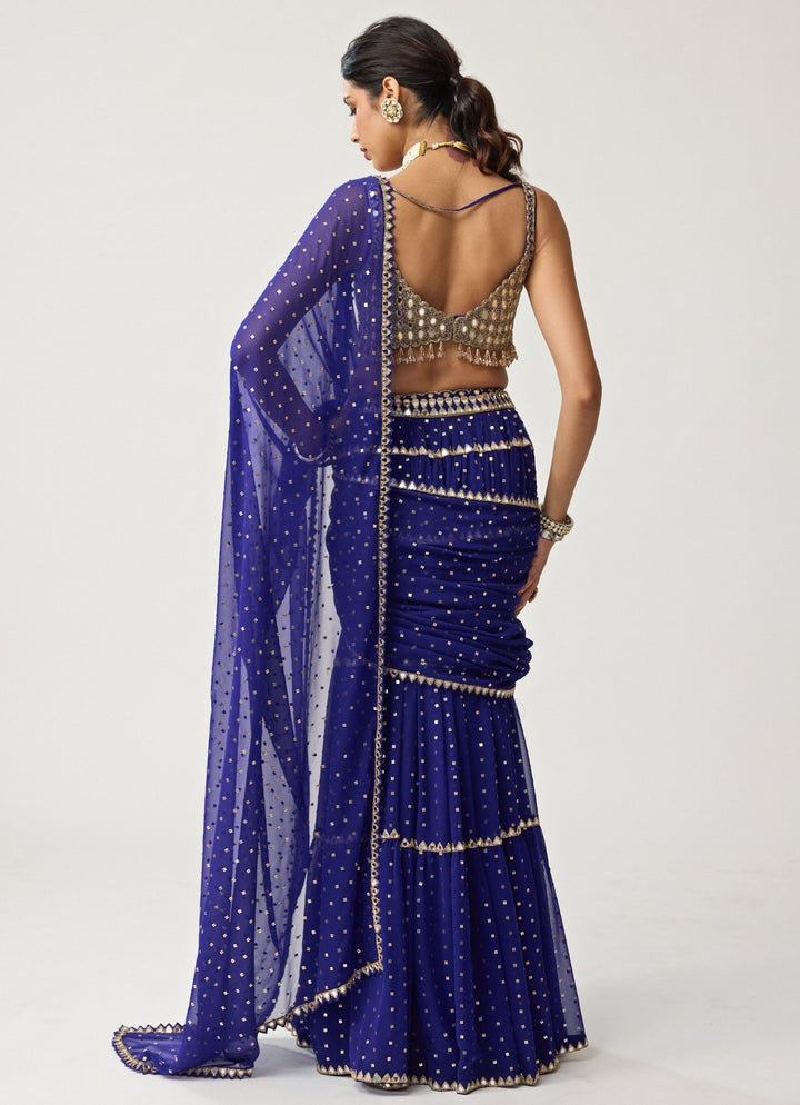 Blue Multi - Tier Mirror Embroidered Georgette Saree Set Vvani by Vani Vats - Fabilicious Fashion