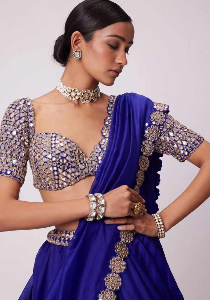 Blue Organza Lehenga With Embroidered Elbow Sleeves Blouse Vvani by Vani Vats - Fabilicious Fashion