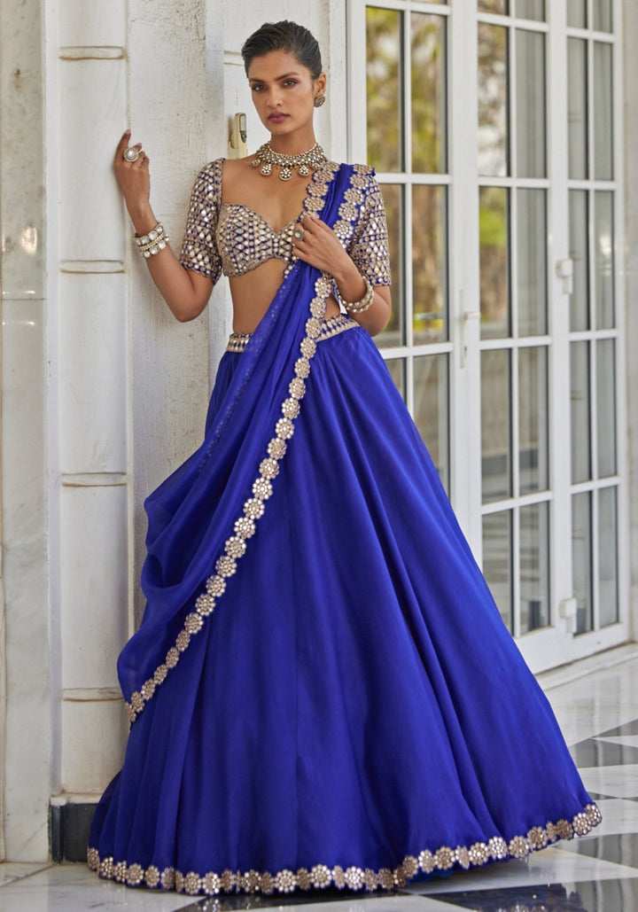 Blue Organza Lehenga With Embroidered Elbow Sleeves Blouse Vvani by Vani Vats - Fabilicious Fashion