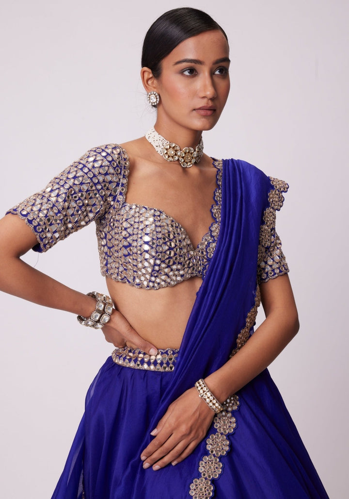 Blue Organza Lehenga With Embroidered Elbow Sleeves Blouse Vvani by Vani Vats - Fabilicious Fashion