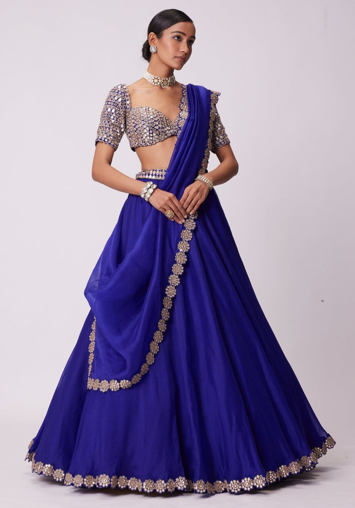 Blue Organza Lehenga With Embroidered Elbow Sleeves Blouse Vvani by Vani Vats - Fabilicious Fashion