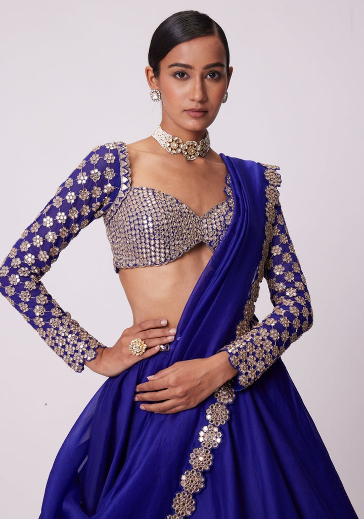 Blue Organza Lehenga With Embroidered Full Sleeves Blouse Vvani by Vani Vats - Fabilicious Fashion