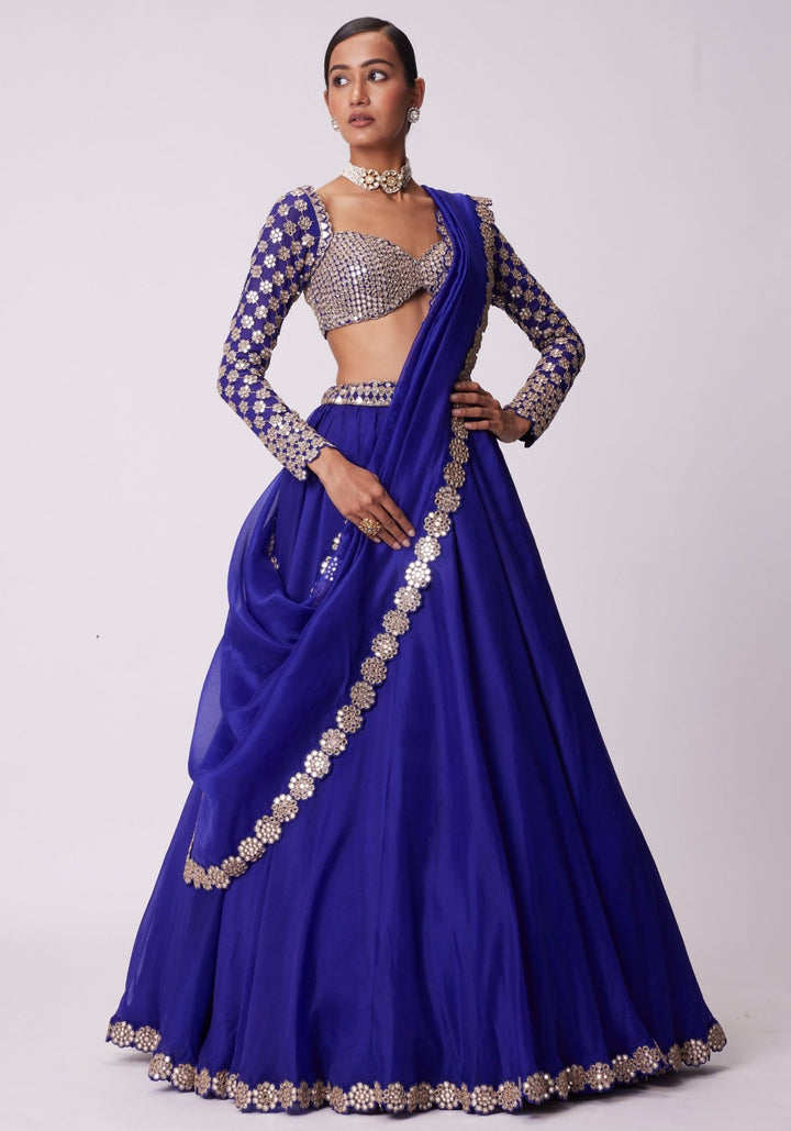 Blue Organza Lehenga With Embroidered Full Sleeves Blouse Vvani by Vani Vats - Fabilicious Fashion