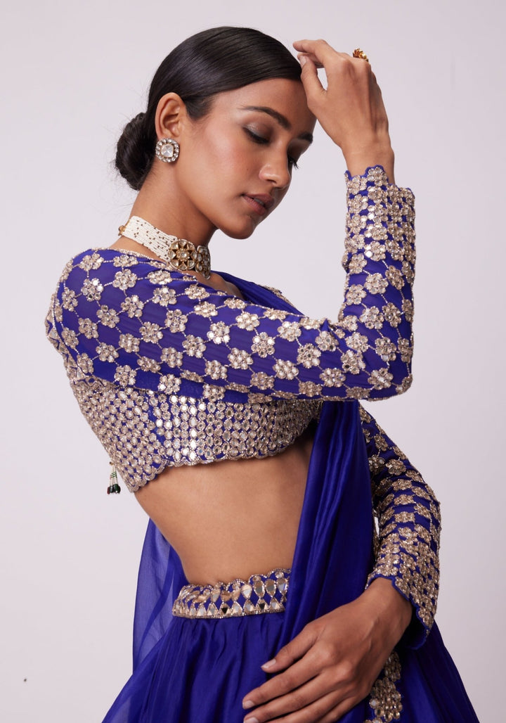 Blue Organza Lehenga With Embroidered Full Sleeves Blouse Vvani by Vani Vats - Fabilicious Fashion