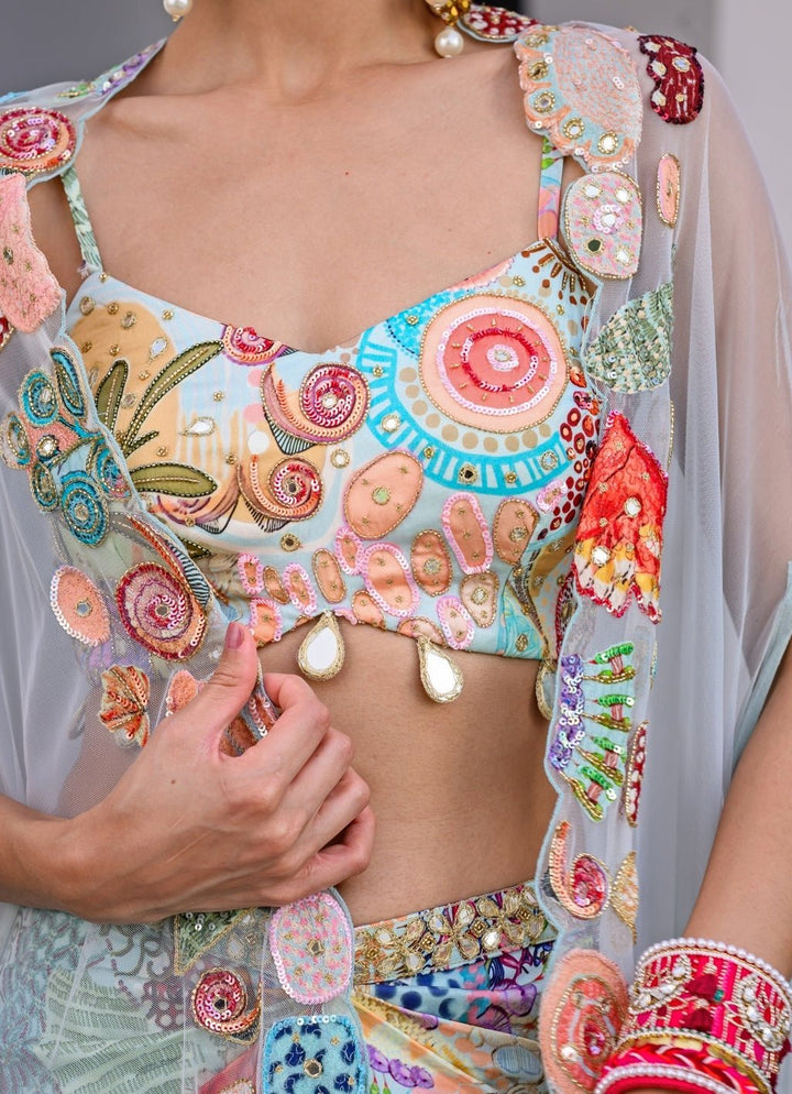 Blue Printed Satin Dhoti Skirt With Embroidered Cape Juhi Bengani - Fabilicious Fashion