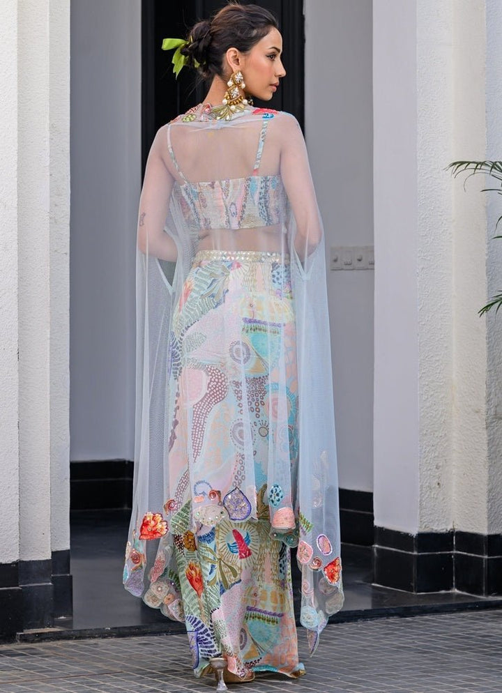 Blue Printed Satin Dhoti Skirt With Embroidered Cape Juhi Bengani - Fabilicious Fashion