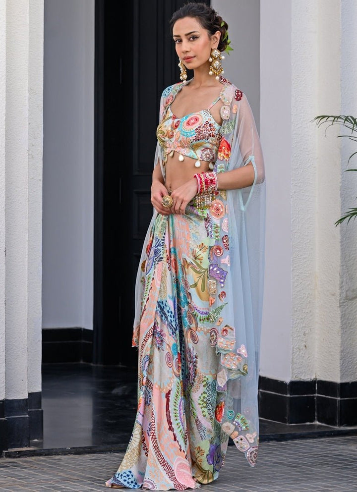 Blue Printed Satin Dhoti Skirt With Embroidered Cape Juhi Bengani - Fabilicious Fashion