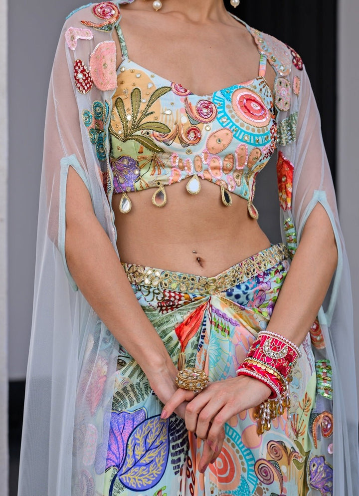 Blue Printed Satin Dhoti Skirt With Embroidered Cape Juhi Bengani - Fabilicious Fashion