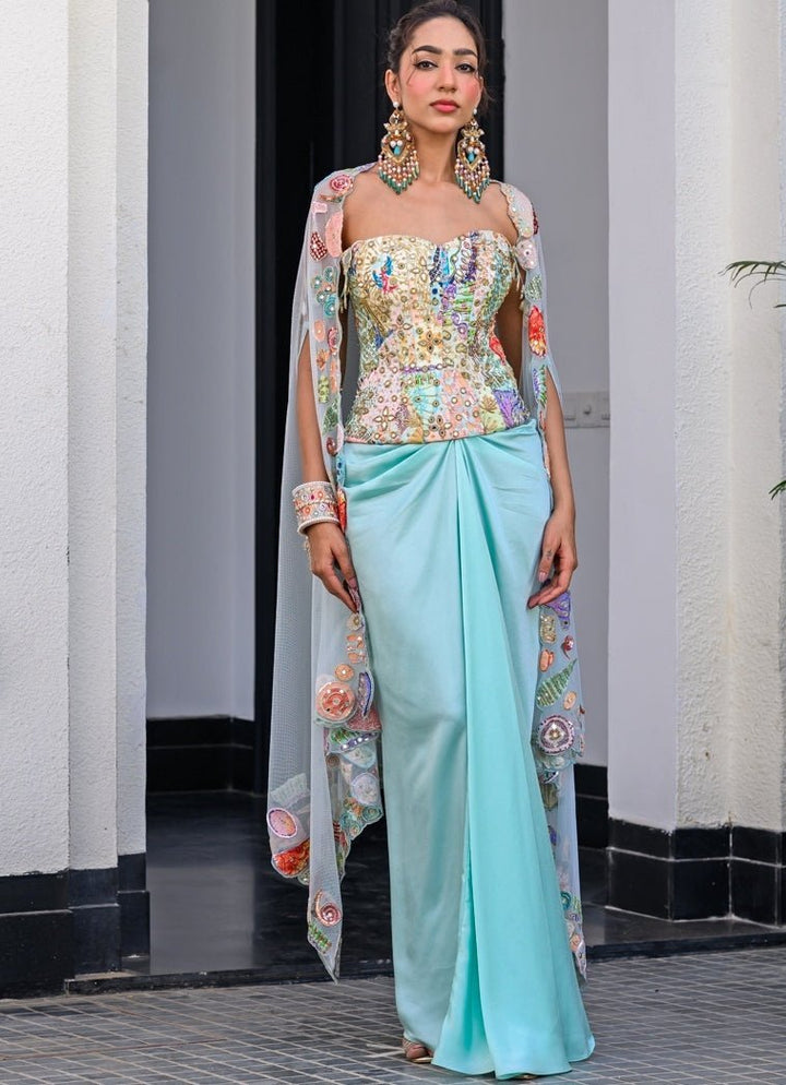 Blue Satin Dhoti Skirt With Sequins Corset And Cape Juhi Bengani - Fabilicious Fashion