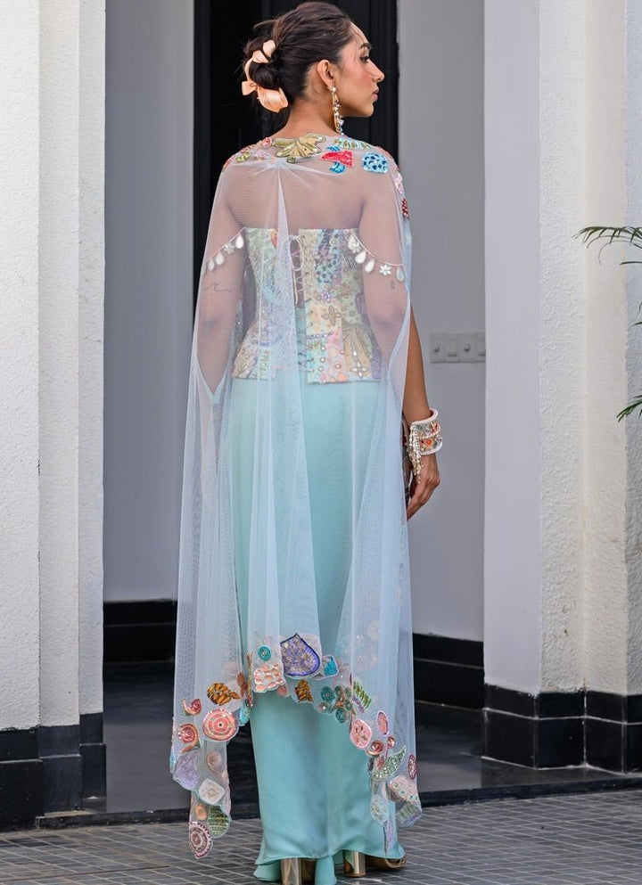 Blue Satin Dhoti Skirt With Sequins Corset And Cape Juhi Bengani - Fabilicious Fashion