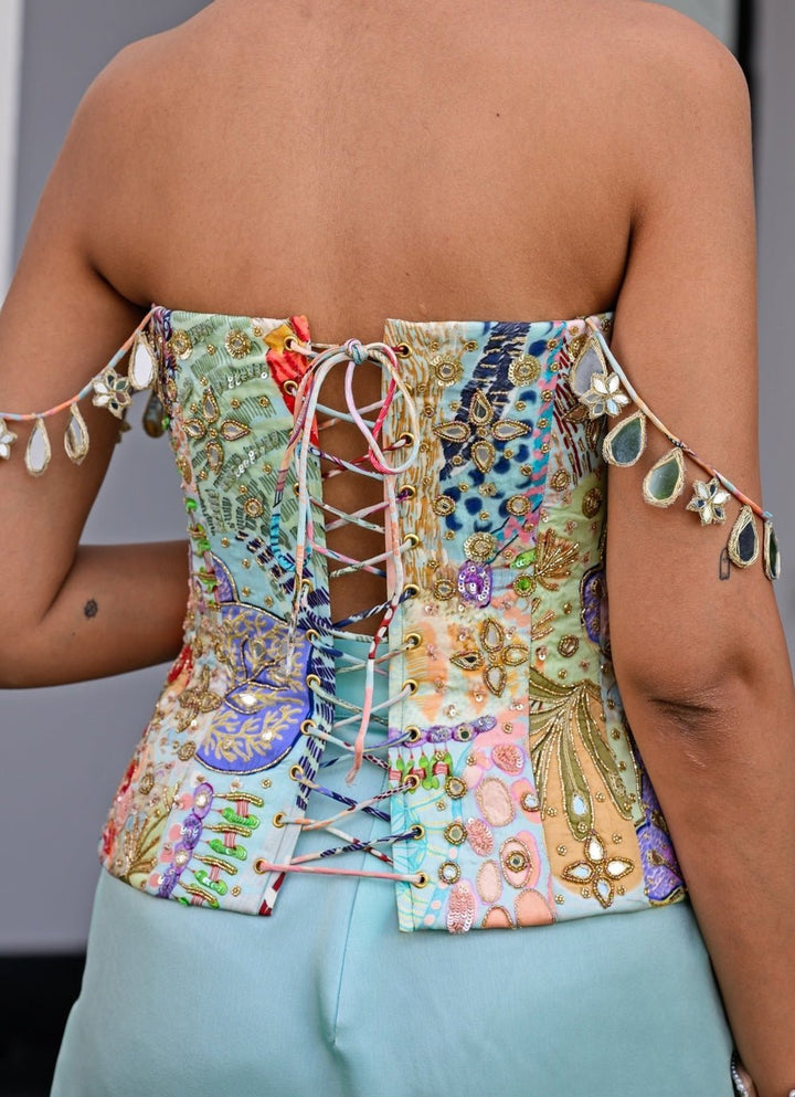 Blue Satin Dhoti Skirt With Sequins Corset And Cape Juhi Bengani - Fabilicious Fashion