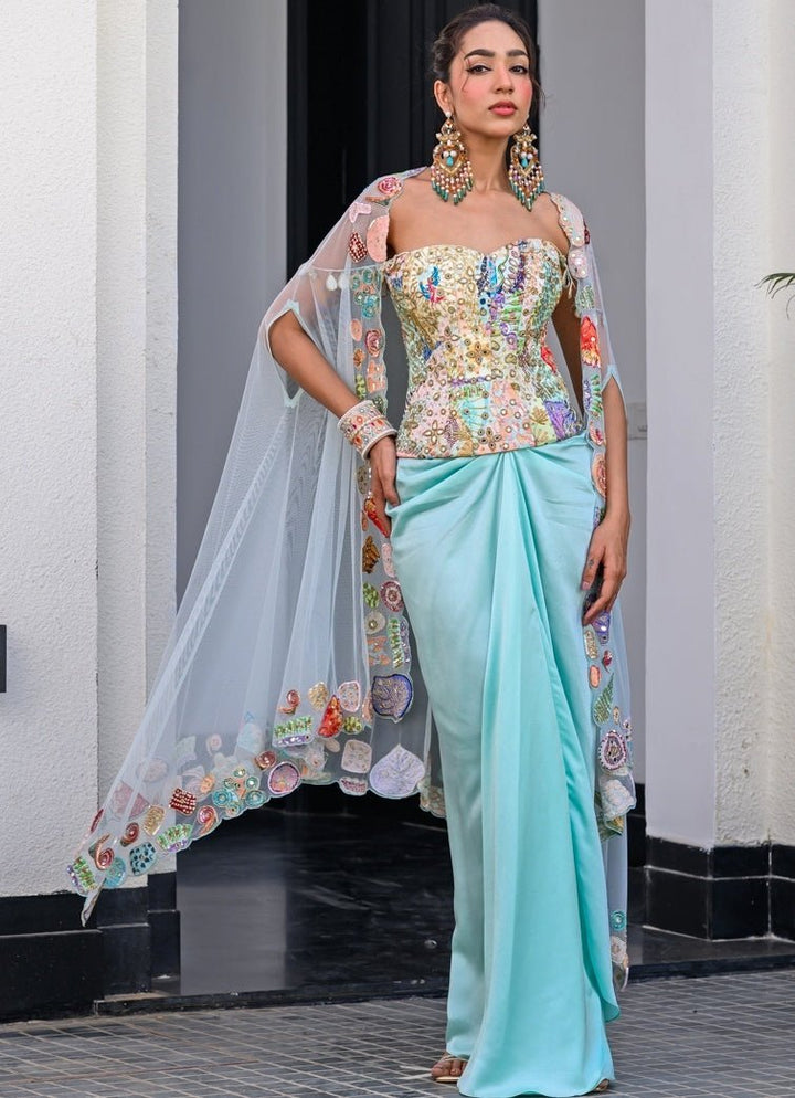 Blue Satin Dhoti Skirt With Sequins Corset And Cape Juhi Bengani - Fabilicious Fashion