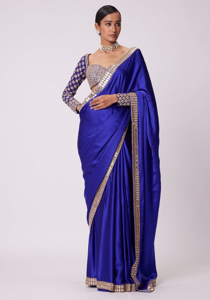 Blue Satin Saree With Full Sleeve Embroidered Blouse Vvani by Vani Vats - Fabilicious Fashion