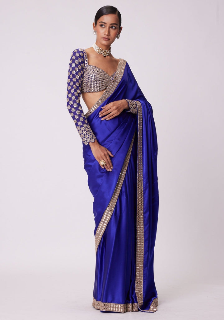 Blue Satin Saree With Full Sleeve Embroidered Blouse Vvani by Vani Vats - Fabilicious Fashion