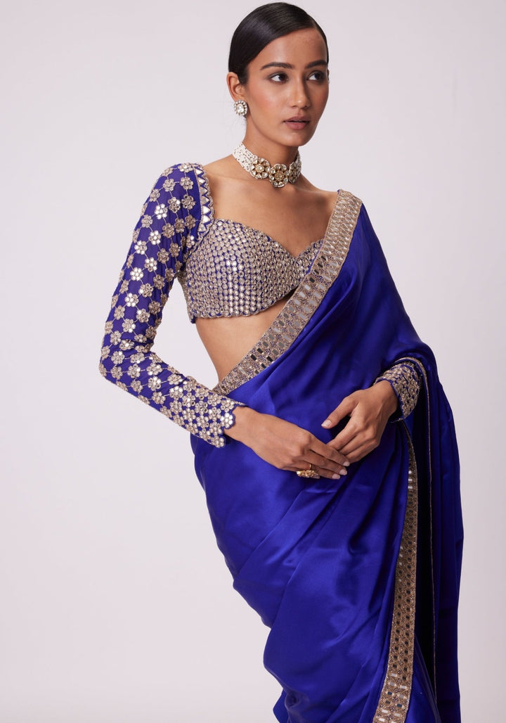 Blue Satin Saree With Full Sleeve Embroidered Blouse Vvani by Vani Vats - Fabilicious Fashion