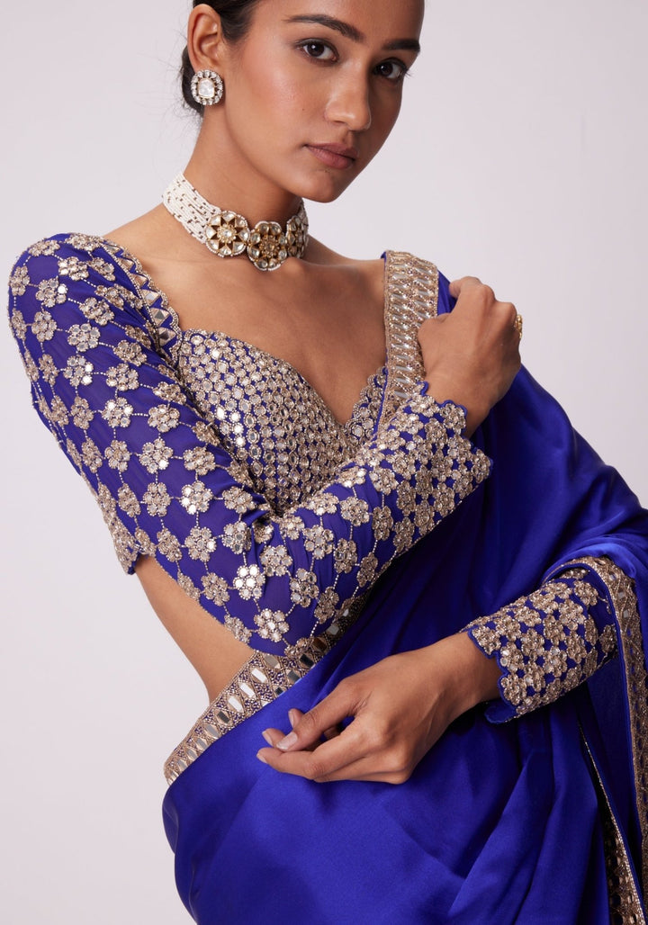 Blue Satin Saree With Full Sleeve Embroidered Blouse Vvani by Vani Vats - Fabilicious Fashion