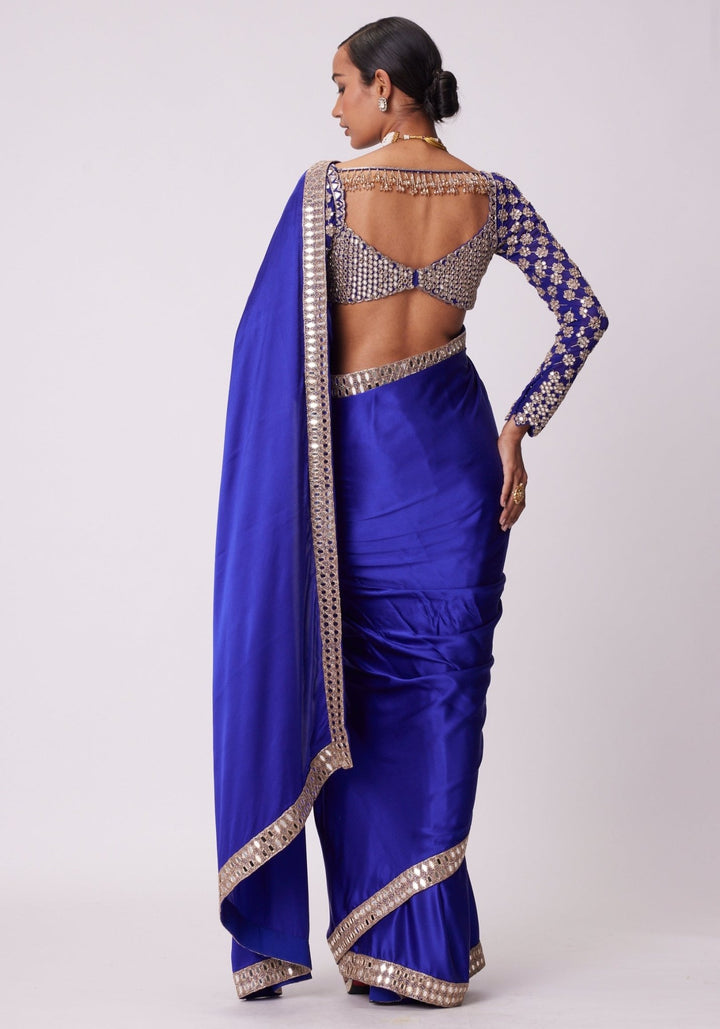 Blue Satin Saree With Full Sleeve Embroidered Blouse Vvani by Vani Vats - Fabilicious Fashion