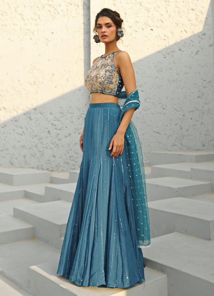 Blue Sequin Embroidered Skirt Set Chamee and Palak - Fabilicious Fashion
