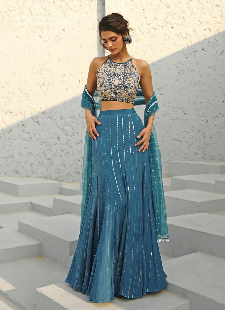 Blue Sequin Embroidered Skirt Set Chamee and Palak - Fabilicious Fashion