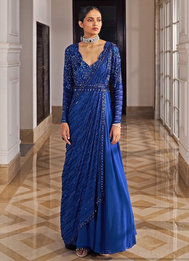 Blue Sequinned Georgette Anarkali Set Nidhika Shekar - Fabilicious Fashion