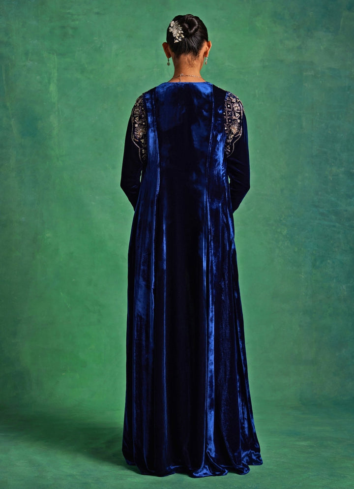 Blue Silk Bustier Pants Set With Long Velvet Jacket Sanya Gulati - Fabilicious Fashion