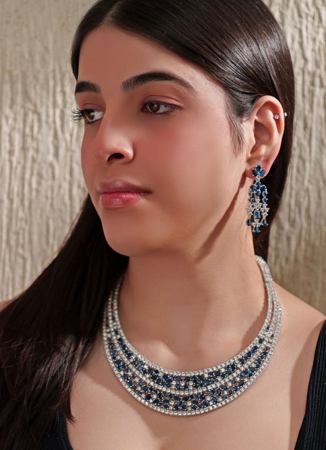 Blue Stone White Finish Diamond Necklace Set