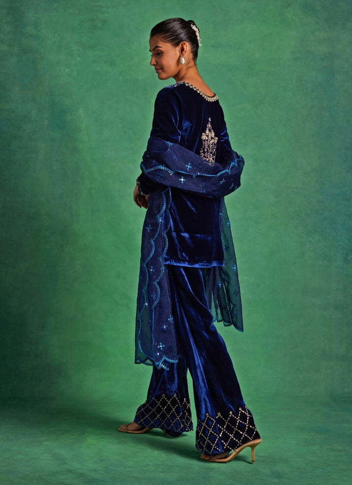Blue Velvet Embroidered Kurta Pants Set Sanya Gulati - Fabilicious Fashion